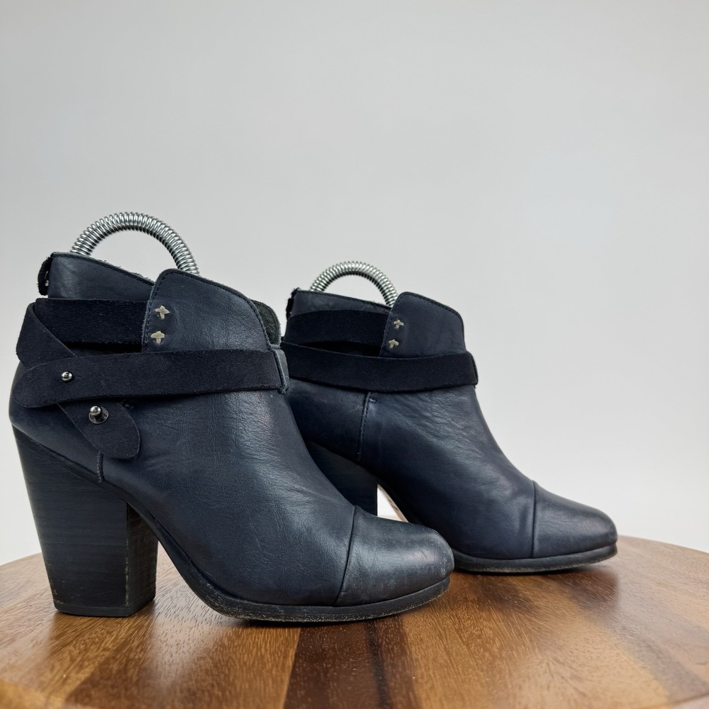 Womens Rag & Bone Harlow Navy Blue Leather Harness Heeled Ankle Boots Size EU 35